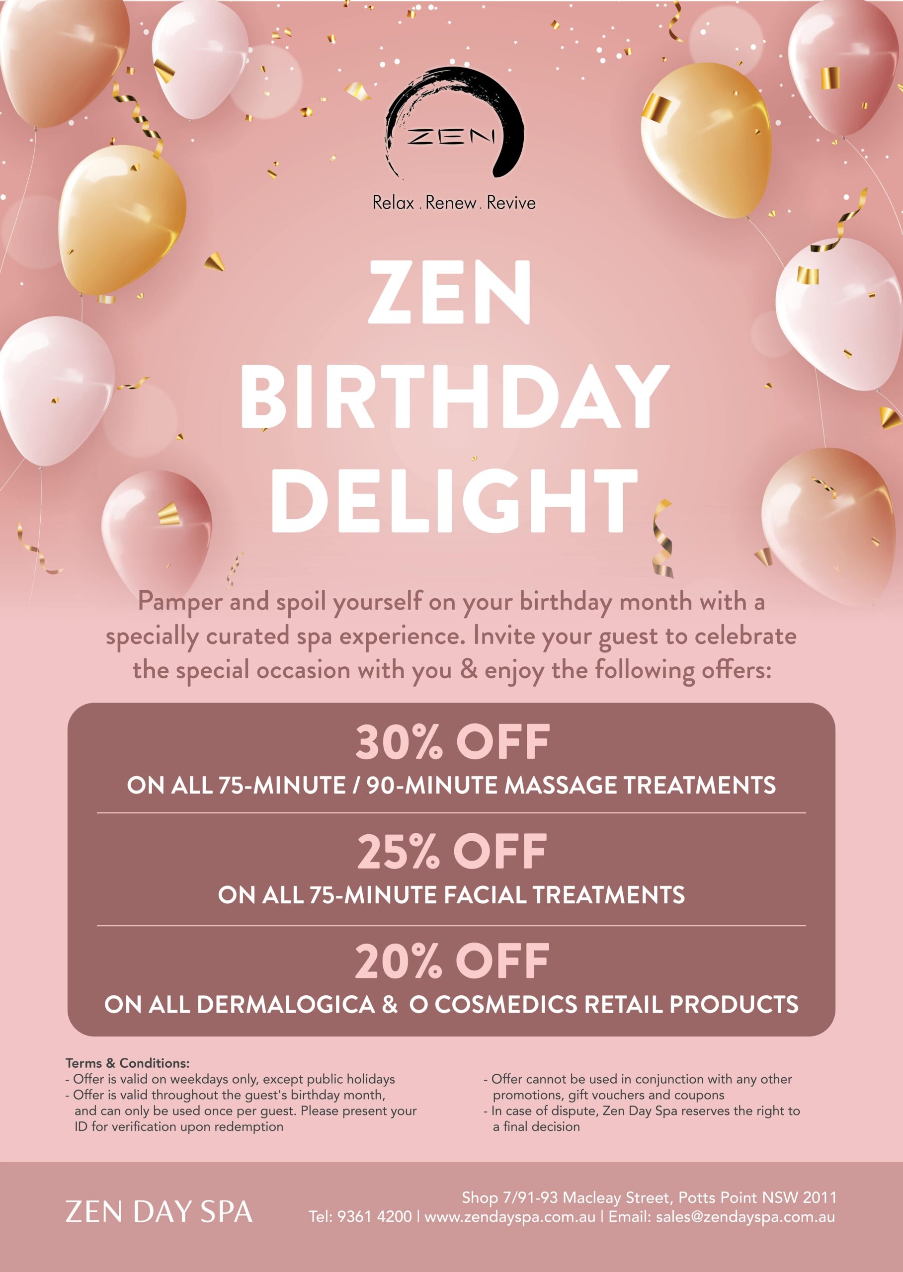 Zen Birthday Delight — your birthday month, discounted at Zen Day Spa, Potts Point Sydney