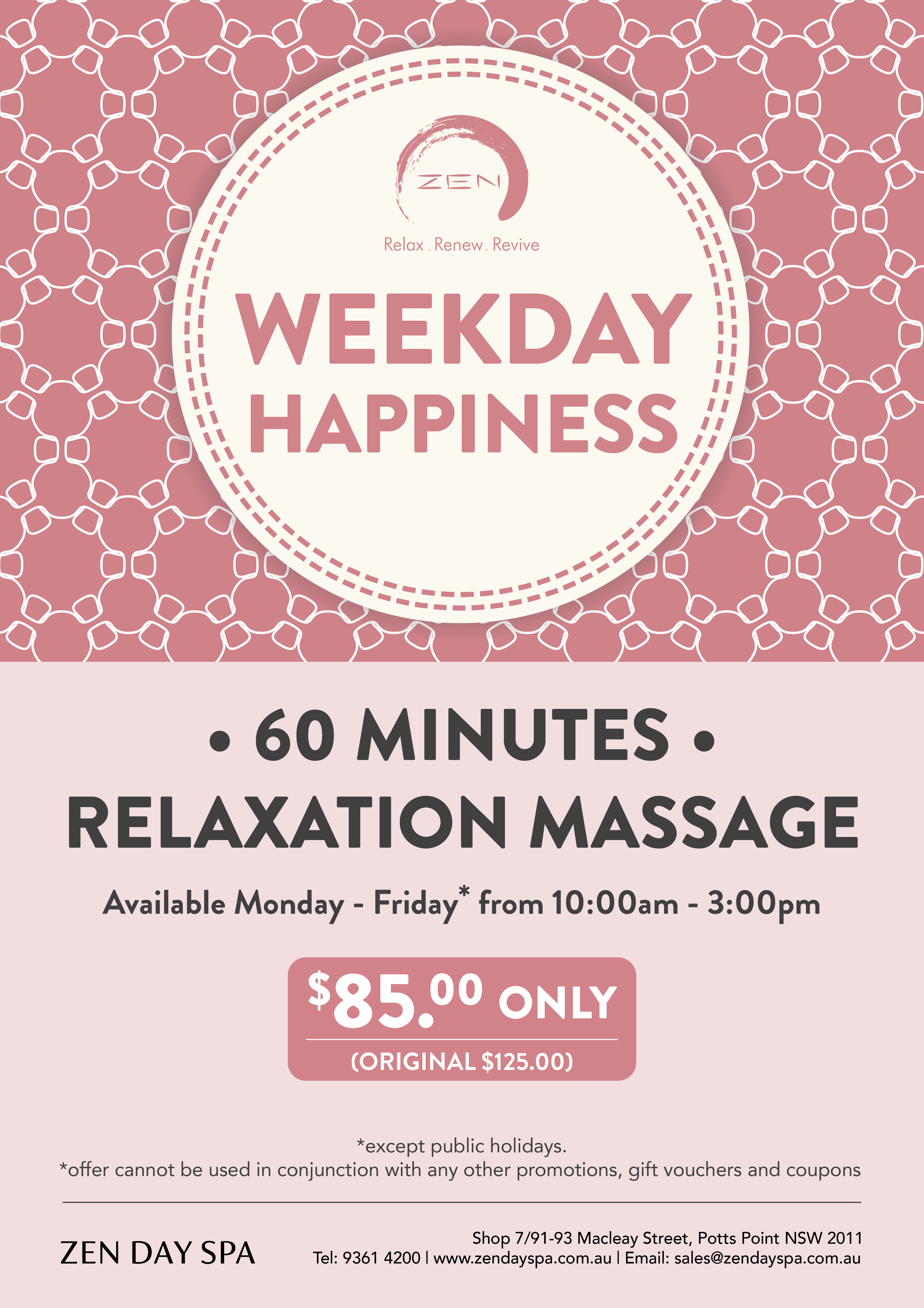 Weekday Happiness — a 60-minute massage for $85 at Zen Day Spa, Potts Point Sydney