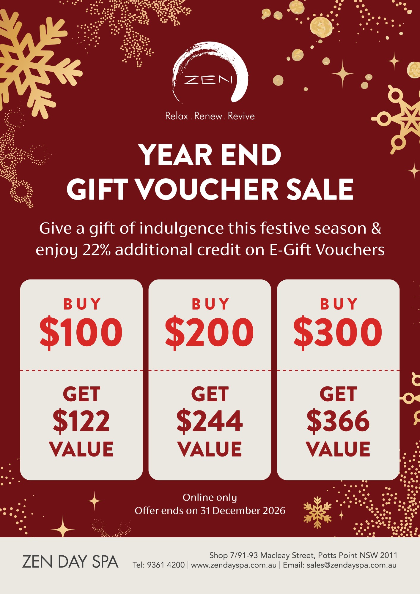 Year End Gift Voucher Sale with 22% extra credit at Zen Day Spa Potts Point