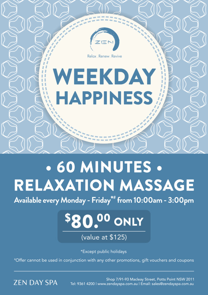 Weekday Happiness $80 60-minute Relaxation Massage promotion at Zen Day Spa Potts Point