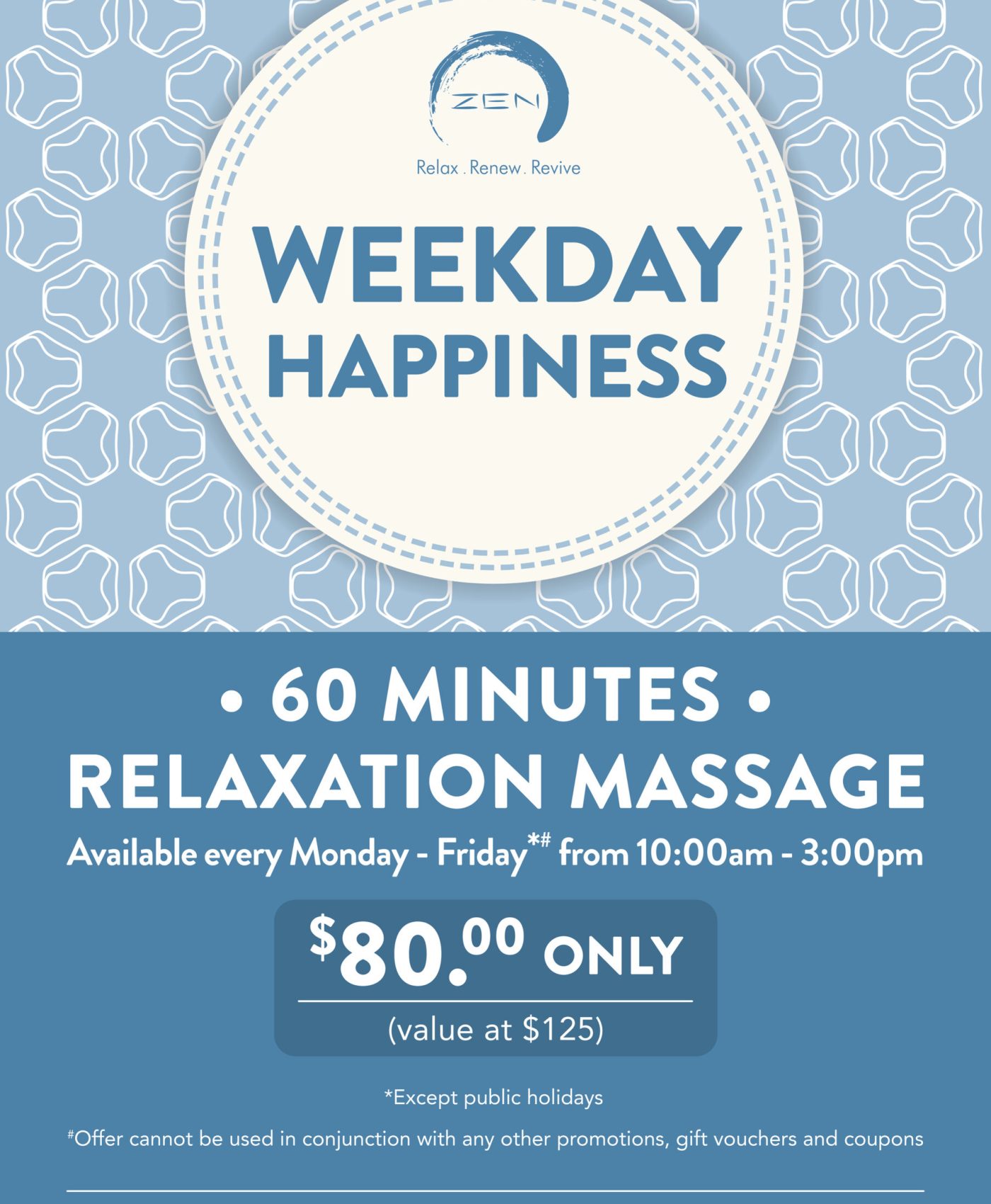 Weekday Happiness $80 60-minute Relaxation Massage promotion at Zen Day Spa Potts Point